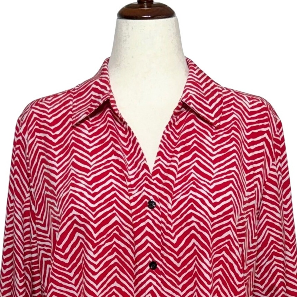 Susan Graver Top Women 2X Red Chevron Zigzag Stretch Button Up Long Sleeve Shirt
